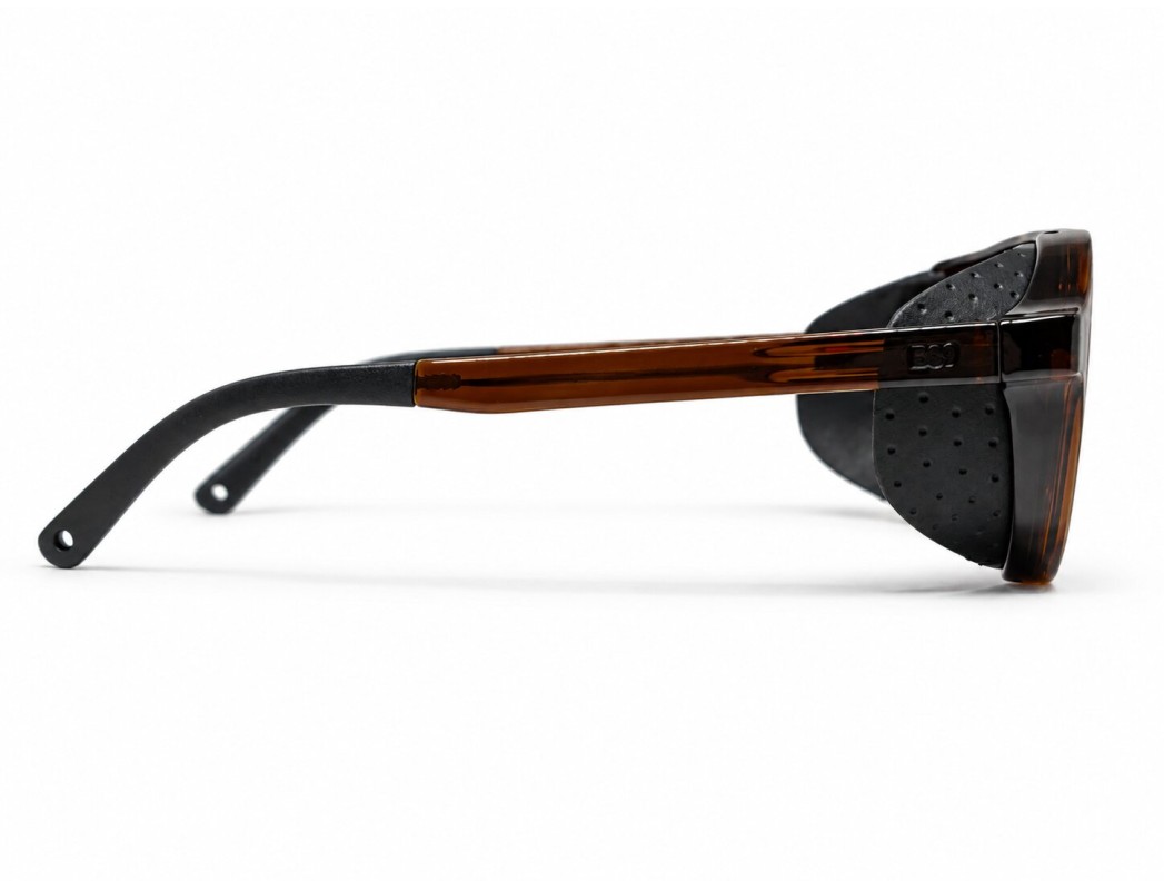 Side view of LIVIGNO B89 sunglasses: translucent brown frame with matte black temple tips