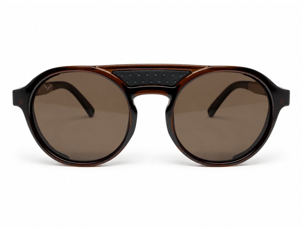 Vista frontal de las gafas LIVIGNO B89: lentes marrones, montura redonda y puente negro