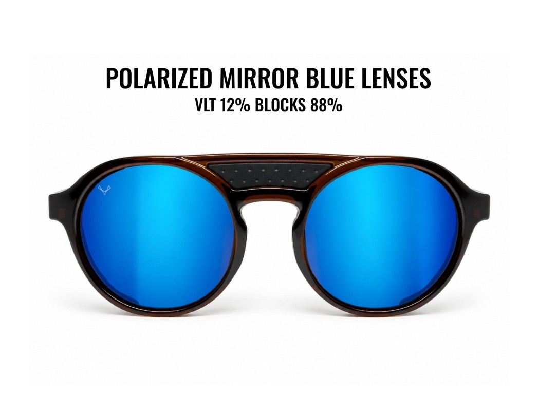 Front view of LIVIGNO B89 sunglasses: BLUE lenses, round frame and black bridge