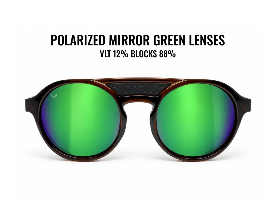Front view of LIVIGNO B89 sunglasses: green lenses, round frame and black bridge
